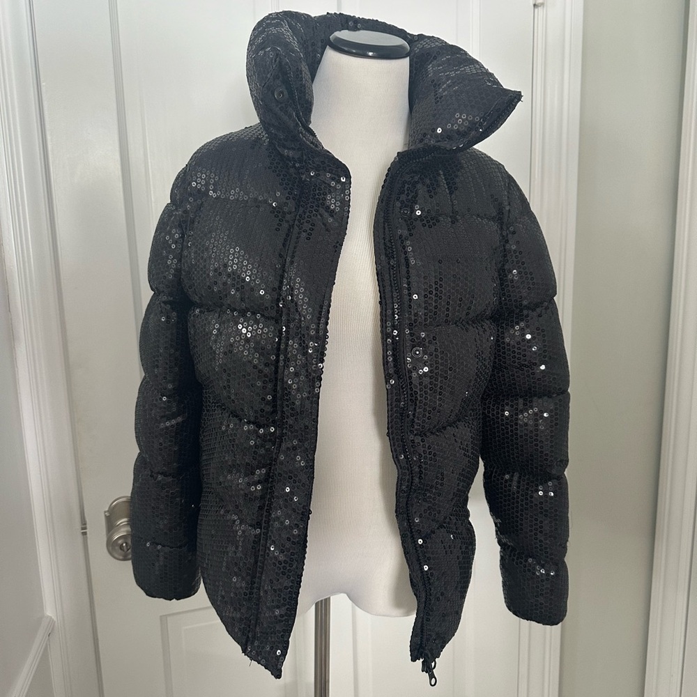 NWT Unreal Fur Black Sequin Puffer Jacket Front Zip High Collar Sz XS - Picture 3 of 16
